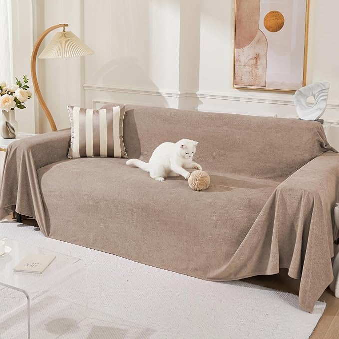MEETSKY Couch Cover for 3 Cushion Sofa, Cat Scratch Proof Couch Protector Washable Sofa Covers Sectional Couch Covers for Dogs Soft L Shape Sofa Slipcover for Pets Kids, 91" x134”, Khaki
