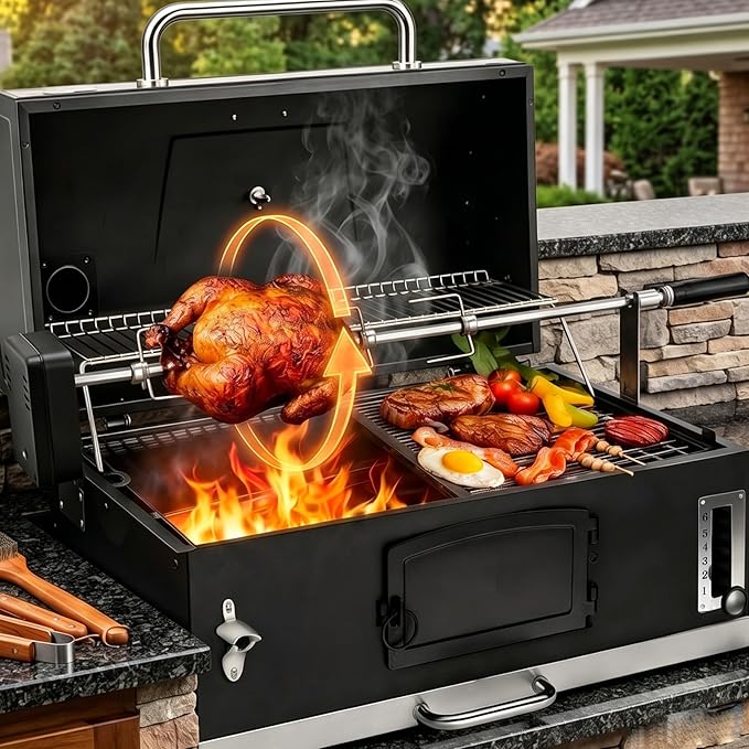 Built In Grill, 29-Inch Oversize Cooking Area Charcoal Grill, Electric rotating grill fork and Height-adjustable Charcoal Trays Outdoor Kitchen,Perfect for Outdoor Patio (Charcoal barbecue grill kit)