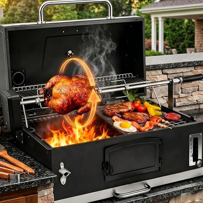 Built In Grill, 29-Inch Oversize Cooking Area Charcoal Grill, Electric rotating grill fork and Height-adjustable Charcoal Trays Outdoor Kitchen,Perfect for Outdoor Patio (Charcoal barbecue grill kit)