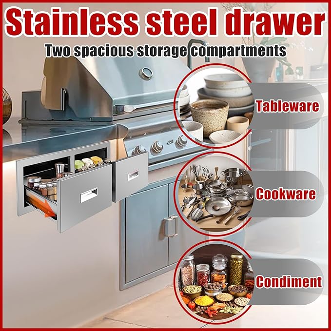 Outdoor Kitchen Horizontal Double Drawer 29.5'' W x 10'' H x 19.7'' D Flush Mount BBQ Access Drawers Stainless Steel BBQ Island Drawers with Handle for Outdoor Kitchen Island Grill Station