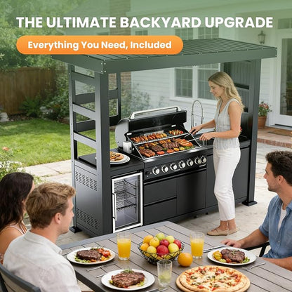 97" Stainless Steel Outdoor Kitchen Island with 4-Burner 72000 BTU,Propane Grill with Side Burner,Rotisserie Oven,Galvanized Steel Roof,Granite Countertops,Beverage Fridge,Sink.(Propane Gas)