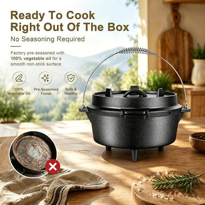 Joyfair Pre-seasoned Cast Iron Camp Dutch Oven, 5QT Pot & 2QT Skillet Lid | Open Fire Camping Cookware Set For Outdoor Campfire Cooking - Stewing Chicken,Baking Sourdough Bread, Plus Cleaner, Oven Safe