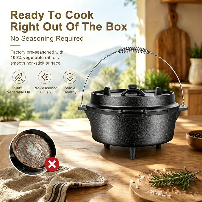 Joyfair Pre-seasoned Cast Iron Camp Dutch Oven, 7.6QT Pot & 2QT Skillet Lid | Open Fire Camping Cookware Set For Outdoor Campfire Cooking - Stewing Chicken,Baking Sourdough Bread, Plus Cleaner, Oven Safe