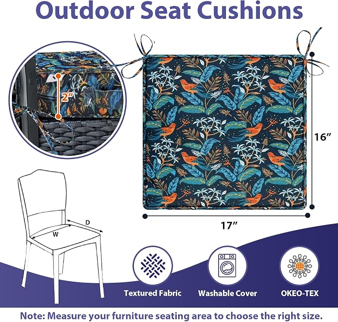 IPYNBAP Outdoor Chair Cushions Set of 4 -Waterproof Outdoor Seat Cushions for Patio Furniture, Patio Chair Cushion with Handle and Ties, Out Door Chair Pads,17x16x2-Square, Black Nightingale