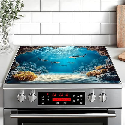 Underwater World Stove Top Cover Retro Flower Gas Stove Top Cover for Home Decoration Kitchen Pad Non-Stick Washable Cooktop Covers Countertop Protector Keep Stove Clean 28"x20"