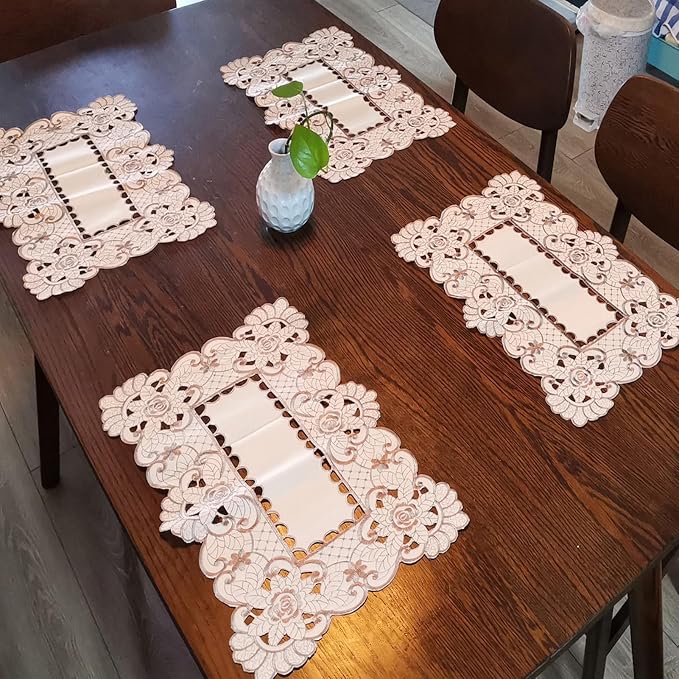 LeLehome Set of 4 Flower Embroidered Placemats, Oblong Brown Flower Rose Lunchmats Place Mats, Home Kitchen Dining Restaurant Party Indoor Decor Table Mats, 18 Inch X 12 Inch