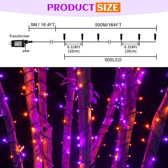kemooie 500 LED Halloween Lights Outdoor, 164 FT Fairy Lights with 8 Modes | Purple&Orange, Timer&Memory Function, Plug in Powered, IP44 Waterproof, Indoor Outdoor Use, Home/Party/Garden/Halloween Decor