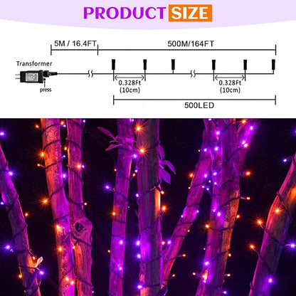kemooie 500 LED Halloween Lights Outdoor, 164 FT Fairy Lights with 8 Modes | Purple&Orange, Timer&Memory Function, Plug in Powered, IP44 Waterproof, Indoor Outdoor Use, Home/Party/Garden/Halloween Decor