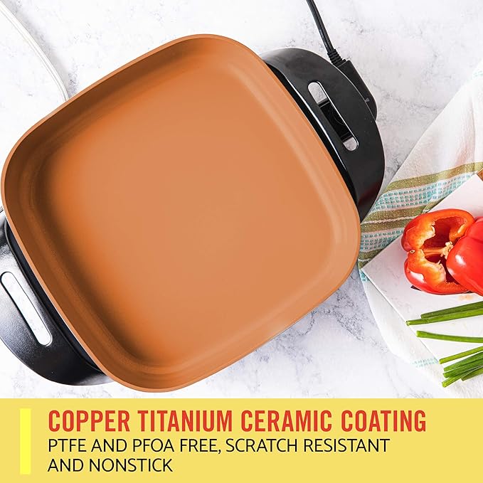 BELLA Electric Skillet, Frying Pan, Griddle and Warming Tray Bundle - Nonstick Copper Titanium Coating, Adjustable Temperature, Dishwasher Safe