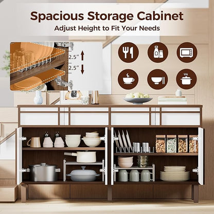 58 inch Sideboard Buffet Cabinet with 3 Drawers, Modern Credenza with 4 Doors & Adjustable Shelf, Large Coffee Bar Storage for Kitchen, Entryway