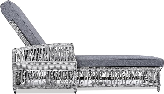 Merax Patio Lounge Chair, Outdoor Rattan Chaise Lounge with 4 Adjustable Backrest and Armrests, All Weather Wicker Reclining Pool Sunbathing Chair & Soft Removable Cushions for Poolside, Garden, Gray