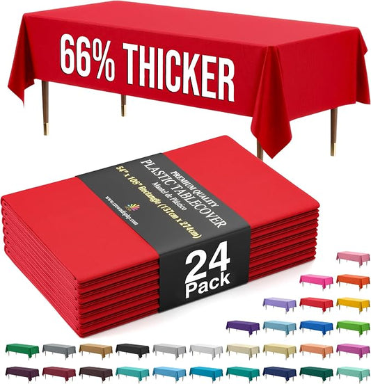 Exquisite 66% Thicker Premium Plastic Table Cloth Rectangle Table Cover 0.5 Mil 24 Pack Red Table Cloth 54 Inch x 108 Inch Disposable Tablecloth Won't Tear Easily Like Cheap Thin Brands