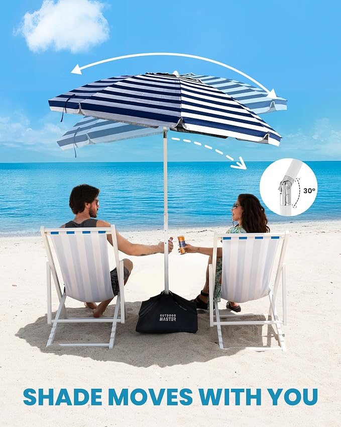 OutdoorMaster 7.2ft Beach Umbrellas for Sand with Sandbag & Anchor | 7.2ft Adjustable Umbrella for Beach, Wind Resistant, Portable UPF50+ Sunshade with Carry Bag for Patio