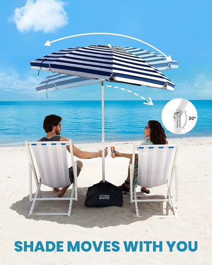 OutdoorMaster 7.2ft Beach Umbrellas for Sand with Sandbag & Anchor | 7.2ft Adjustable Umbrella for Beach, Wind Resistant, Portable UPF50+ Sunshade with Carry Bag for Patio
