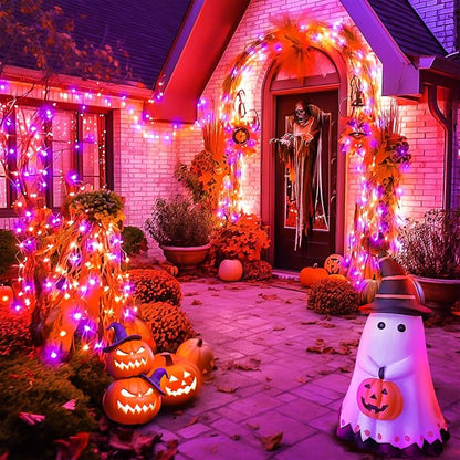 100FT Purple and Orange Halloween String Lights | Clear Wire LED Mini Lights, 8 Modes, Timer, Plug-in Indoor Outdoor Decor for Tree, Porch, Fence, Yard and Fall