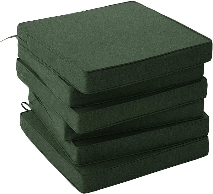 Outdoor Chair Cushions, Set of 6, 19 x 19 Inch, Olive Green | Water Resistant, Fade Resistant, Patio Furniture Square Seat Replacement, Removable Cover with Ties, Non-Slip Bottom