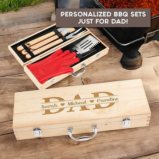 Custom Engraved BBQ Grill Set for Dad, 11 Pcs Grill Tool Set, Personalized Father’s Day BBQ Gift for Dad, Best Dad Barbecue Accessories, Stainless Steel Grill Tools with Wooden Case, BBQ Gifts for Men