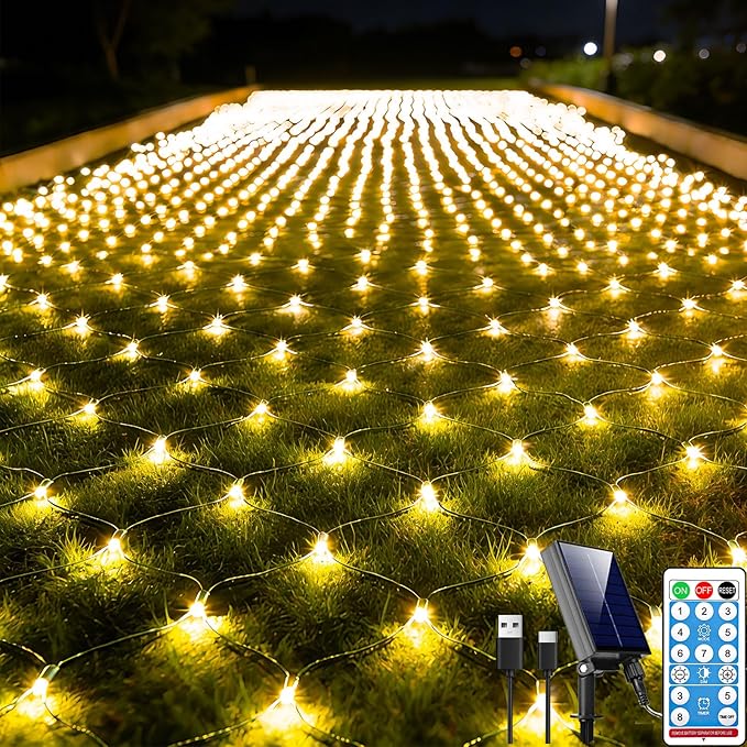 21ft x 5ft Solar Net Lights, 360LED Christmas Net Lights Solar & USB Powered, Waterproof Mesh String Lights 8 Modes Green Wire for Bushes Patio Garden Xmas Holiday Party Outdoor Decor (Warm White)