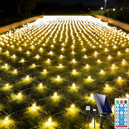 21ft x 5ft Solar Net Lights, 360LED Christmas Net Lights Solar & USB Powered, Waterproof Mesh String Lights 8 Modes Green Wire for Bushes Patio Garden Xmas Holiday Party Outdoor Decor (Warm White)