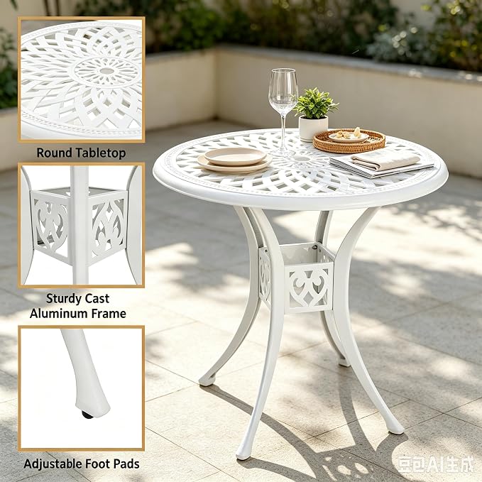 30.31" Outdoor Patio Dining Table, Cast Aluminum Bistro Table, Patio Furniture Set with 2.36" Umbrella Hole for Balcony Lawn Garden Backyard