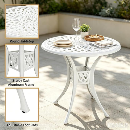 30.31" Outdoor Patio Dining Table, Cast Aluminum Bistro Table, Patio Furniture Set with 2.36" Umbrella Hole for Balcony Lawn Garden Backyard
