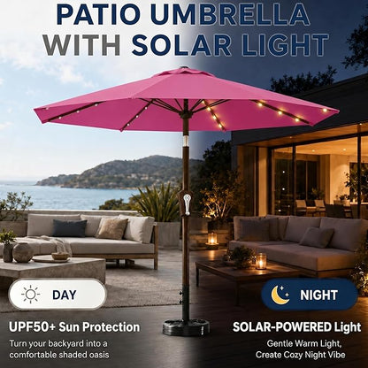 10FT Solar Patio Umbrella with Lights, Outdoor Table Market Umbrella with 32 LED Lights, 8 Sturdy Ribs, Push Button Tilt and Crank for Pool, Deck and Garden, UV-Resistant