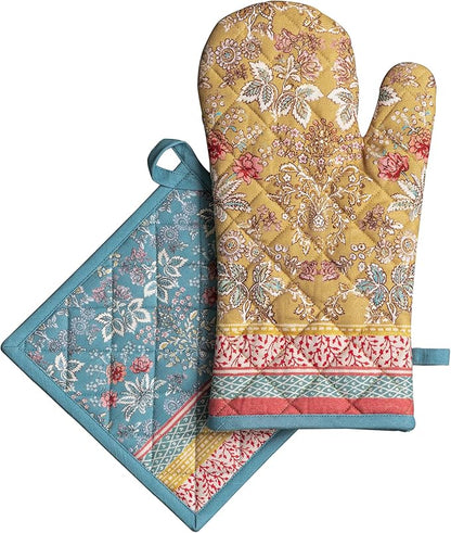 Maison d' Hermine 100% Cotton Oven Mitt & Pot Holder Set (7.5"x13" & 8"x8") Heat Resistant BBQ Cooking Gloves with Loop Baking Grilling Kitchen Hotel Home Farmhouse Spring Summer (Marquise)