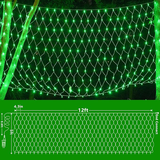 QITONG Green Net Lights Outdoor Mesh Lights, 360 LED 12ft x 5ft Christmas Net Light with 8 Modes, Clear Wire Bush Light Plug in
