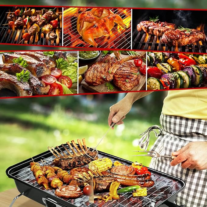 Portable Charcoal Grill, 19.7x10.63x11.8in Folding Outdoor Tabletop BBQ Grill, Small Barbecue Smoker Grill with Lid for Outdoor Cooking Backyard Camping Picnics Beach