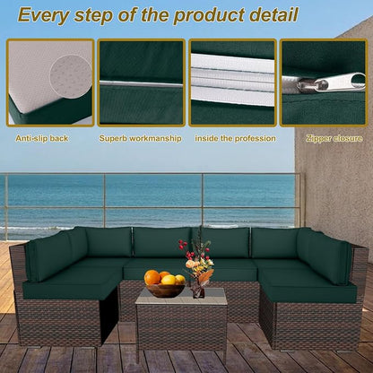 14 Piece Outdoor Patio Cushion Cover Replacement, Waterproof Patio Cushion Covers, Outdoor Furniture Cushion Covers Set for 6 Seat Wicker Rattan Sofa (Deep Green)