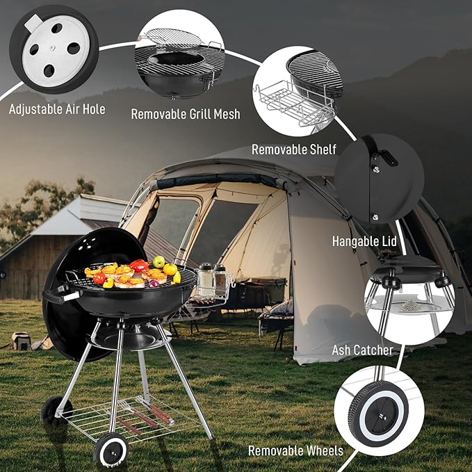 28" Portable Charcoal Grill with Wheels, Thermometer and Storage Holder, Round Barbecue Grills Steel BBQ Grill for Garden Party Picnic Hiking Travel Backyard Cooking, Asadores de Carbon (Black)