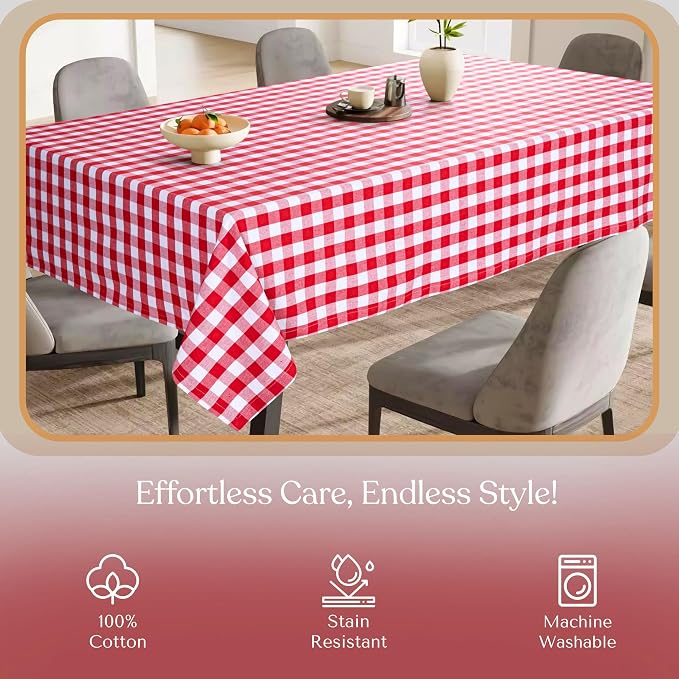 Gingham Checkered Tablecloth 52x70 Inch, 100% Cotton, Classic Check Pattern, Washable Table Cover for Farmhouse Decor, Picnics, Holiday Meals, Party, Everyday Dining, Red White