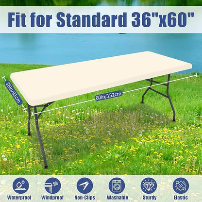 Moosfor Spandex 5 Foot Rectangle Table Cloth, Elastic Fitted Tablecloths for Picnic, Stretch Washable Patio Table Cover for Outdoor, Camping, Banquet and Parties (Beige, 36"x60")