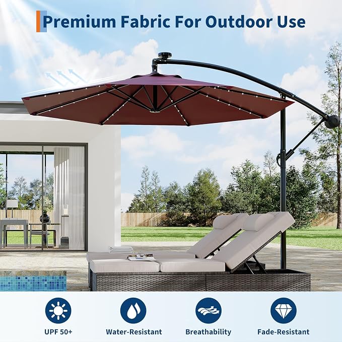 Garvee 10FT Solar Lights Offset Patio Umbrella with Cross Base, Burgundy | Cantilever Umbrella with Easy Lift & Tilt Adjustment, 8 Ribs Sun umbrella UV Protection for Backyard, Pool, Garden