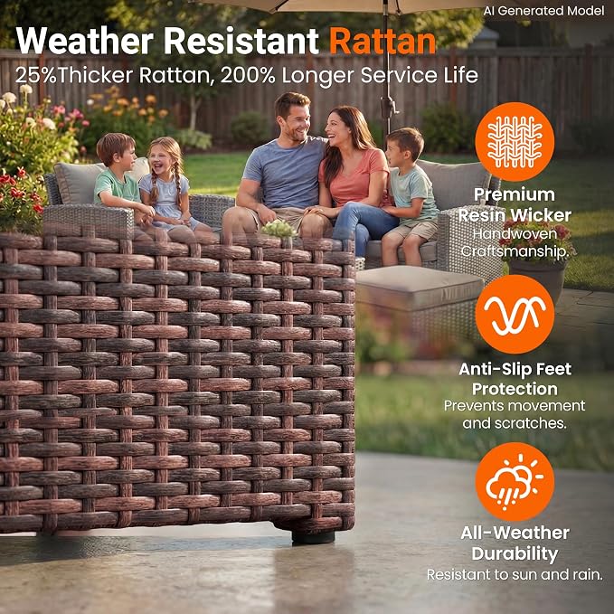 Wisteria Lane 4 Piece Patio Furniture Set, Wicker Outdoor Patio Conversation Furniture Set, All Weather Outdoor Patio Sofa with Cushion and Wood Table, Brown and Beige