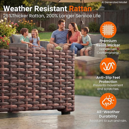 Wisteria Lane 4 Piece Patio Furniture Set, Wicker Outdoor Patio Conversation Furniture Set, All Weather Outdoor Patio Sofa with Cushion and Wood Table, Brown and Beige