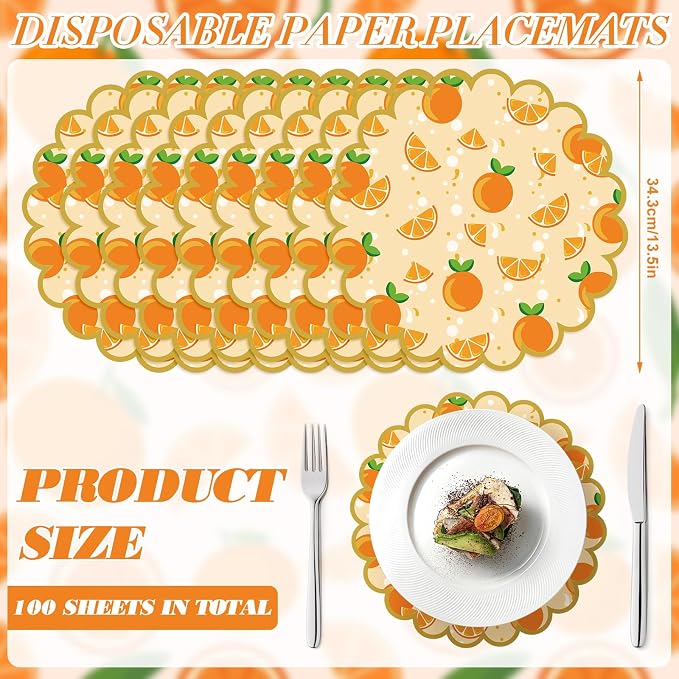 100 Pcs Orange Paper Placemats Orange Fruit Place Mats 13.5 Inch Disposable Round Decorative Dining Table Mat with Scalloped Edge for Spring Summer Picnic BBQ Birthday Bridal Wedding Party Supplies