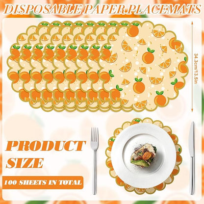 100 Pcs Orange Paper Placemats Orange Fruit Place Mats 13.5 Inch Disposable Round Decorative Dining Table Mat with Scalloped Edge for Spring Summer Picnic BBQ Birthday Bridal Wedding Party Supplies