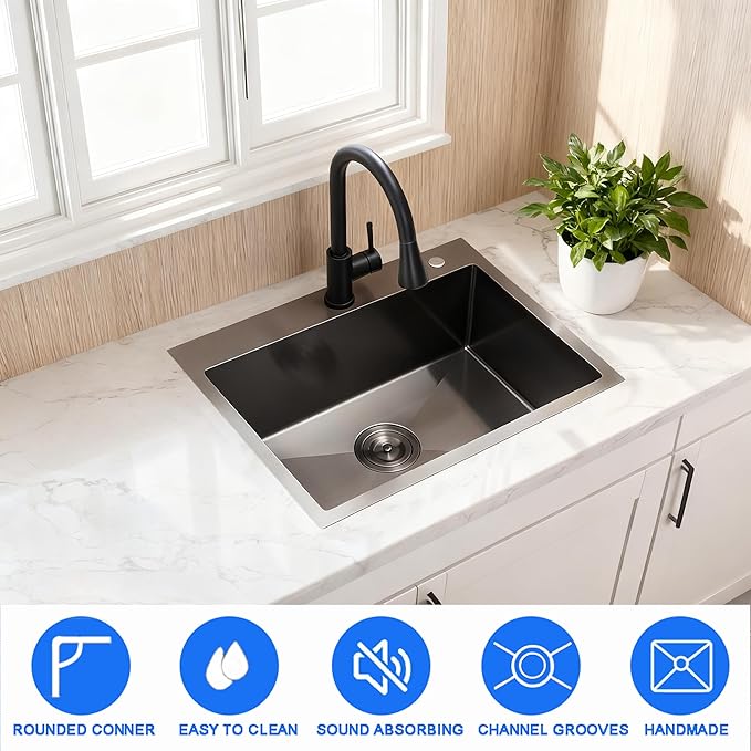 21 x 19 Inch Modern Drop In Kitchen Bar Sink, 304 Stainless Steel Black Single Bowl Topmount Sink, Nano Laundry RV Deep Workstation Sinks with Drain Strainer & Grid