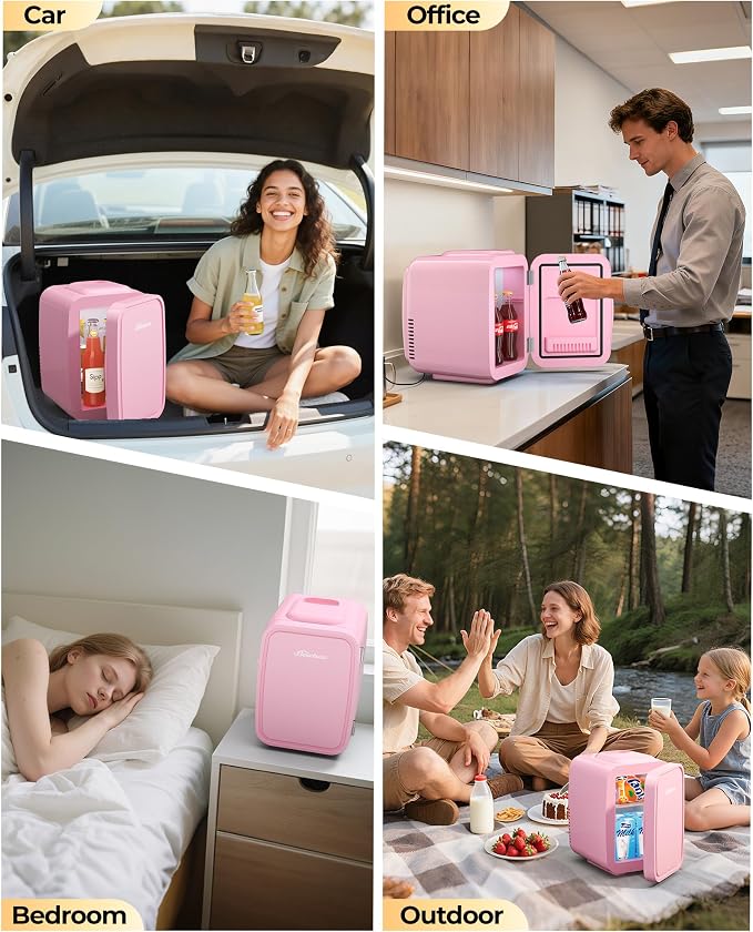 BEICHEN Mini Fridge 4 Liter/6 Can Portable Compact Refrigerator | for Bedroom Office Dorm Car, Fast Cooling, Low Noise, 100-125V AC/5-12V USB, for Skincare, Food, Drinks(Pink)