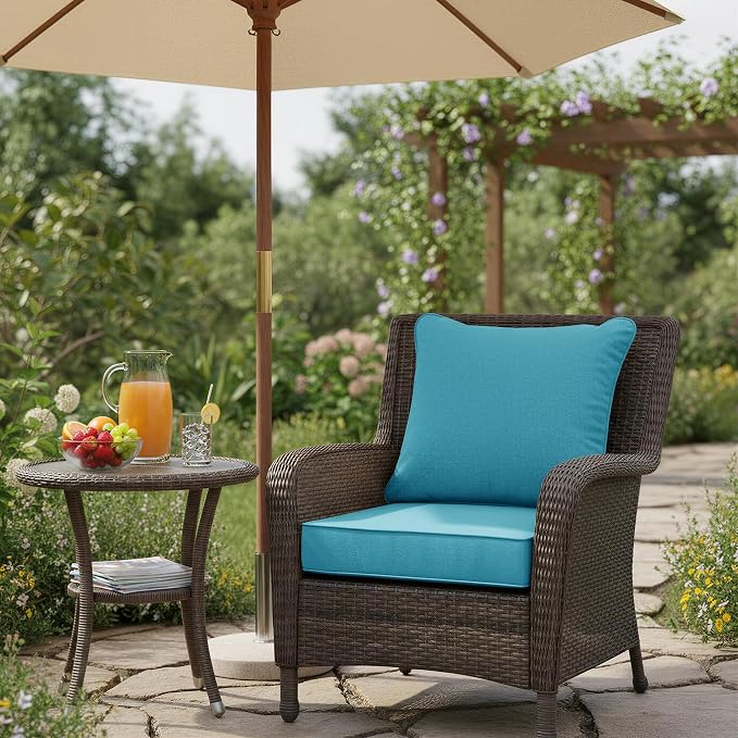 Summsun Faux Linen Outdoor Chair Cushions, Water Resistant Backrest and Seat Cushion Set with Removable Cover, Straps, Non-Slip Bottom for Patio Furniture, 19 x 19 Inch, Teal