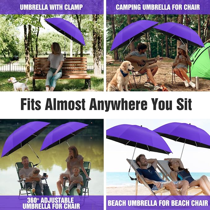 2 PACK Beach Umbrella with Clamp, 360 ° Adjustable Umbrellas for Chair, UPF50+ Umbrella for Beach Chair, Patio Chair, Wheelchair, Camping Chair, Golf Carts (Chair Not Included)