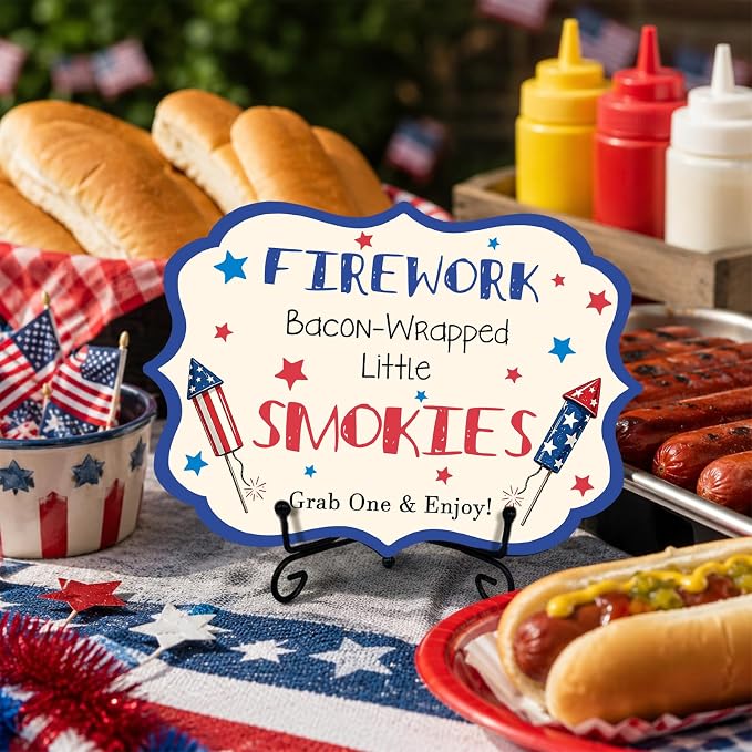 Independence Day Wooden Hot Dog Sign with Metal Stand, Patriotic 5 x 7 Inch Buffet Table Decor for BBQ Party, Restaurant, Food Truck, Table top Food Display - A07