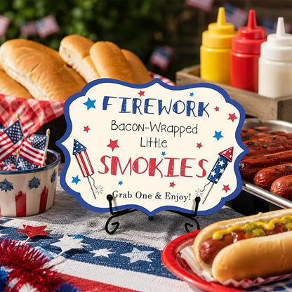 Independence Day Wooden Hot Dog Sign with Metal Stand, Patriotic 5 x 7 Inch Buffet Table Decor for BBQ Party, Restaurant, Food Truck, Table top Food Display - A07