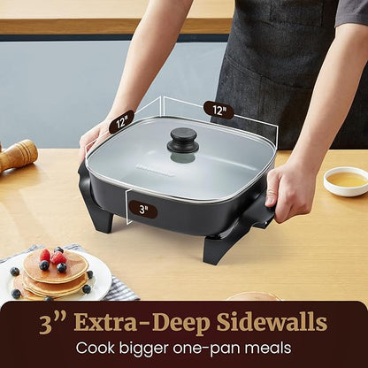Elite Gourmet PFAS-Free Ceramic Electric Skillet, Extra Deep 12"x12"x3", Less Splatter, Dishwasher Safe, Rapid Heat, EG2313, 1200W, Black