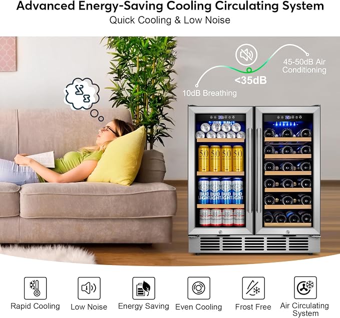 30" Dual Zone Wine and Beverage Refrigerator, Under Counter or Freestanding | 29-Bottle 110-Can capacity, Fast cooling, Ideal for home bar office, Adjustable shelves, Temperature memory, LED display