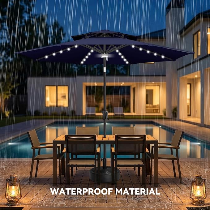 Solar Patio Umbrella Outdoor with Centre Light, 9 ft Navy Blue | 2 Tiers, 40 LED Lights, UV Protection, Solar Outdoor Umbrella for Porch, Deck, Pool, Garden, Provides Evening Lighting