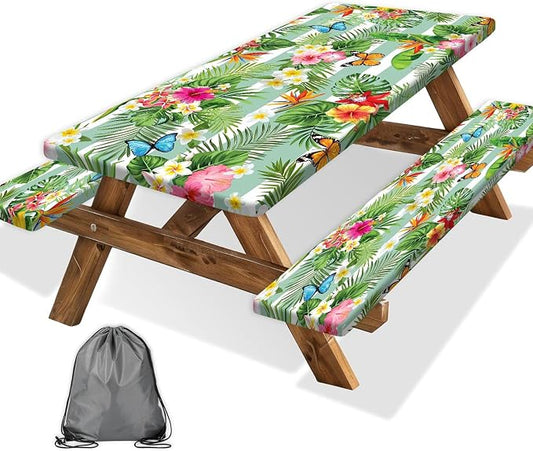 Picnic Table Cover with Bench Covers, Camping Essentials Hawaiian Luau Tropical Palm Leaves Flower Butterfly Waterproof Windproof Fitted Tablecloth Cover with Elastic Edge for Outdoor 3 PCS 30x60 Inch