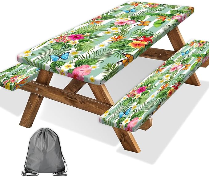 Picnic Table Cover with Bench Covers, Camping Essentials Hawaiian Luau Tropical Palm Leaves Flower Butterfly Waterproof Windproof Fitted Tablecloth Cover with Elastic Edge for Outdoor 3 PCS 30x72 Inch