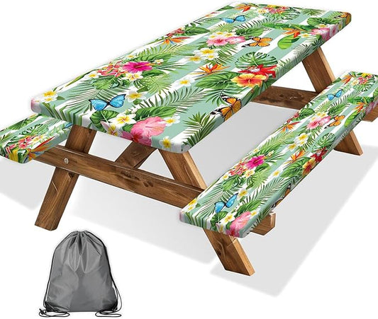 Picnic Table Cover with Bench Covers, Camping Essentials Hawaiian Luau Tropical Palm Leaves Flower Butterfly Waterproof Windproof Fitted Tablecloth Cover with Elastic Edge for Outdoor 3 PCS 30x72 Inch